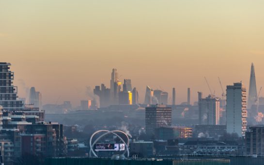 Air pollution on London skyline during sunrise
