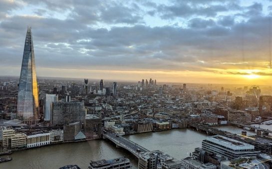 An aerial photo of the South Bank of the thames, showing the Shard and Southwark