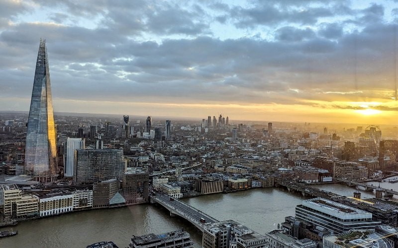 An aerial photo of the South Bank of the thames, showing the Shard and Southwark
