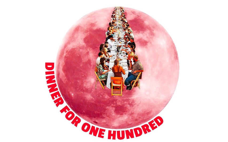 D4100 Logo: Abstract red planet with a long table of people eating dinner inside it.