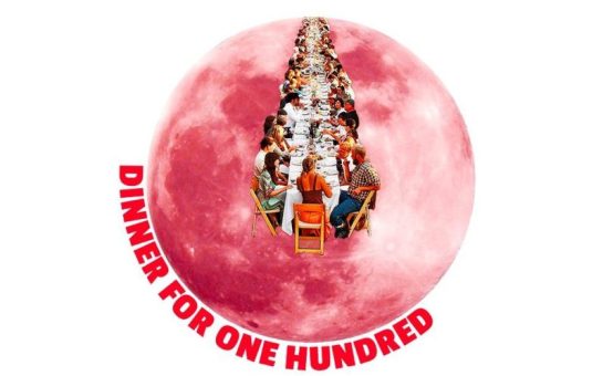 D4100 Logo: Abstract red planet with a long table of people eating dinner inside it.