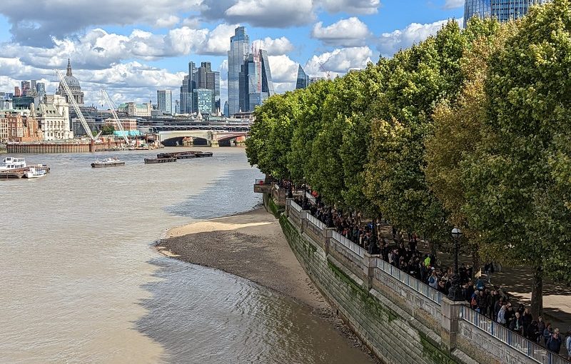 Crowds queuing at Southbank with River Thames in shot