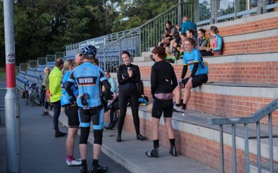 Cyclists prepare outside Herne Hill Velodrome