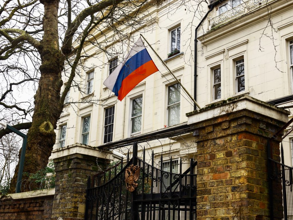 Russian embassy in London on the day of the one year anniversary