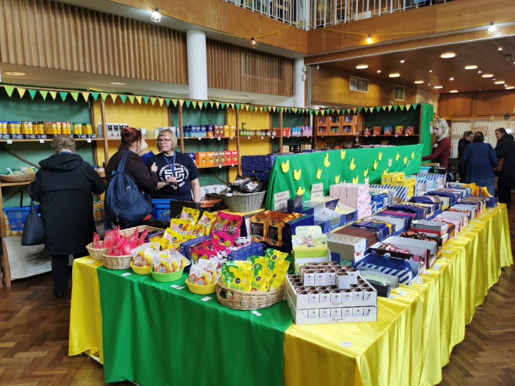 Tables of Finnish snacks at the Easter Fair