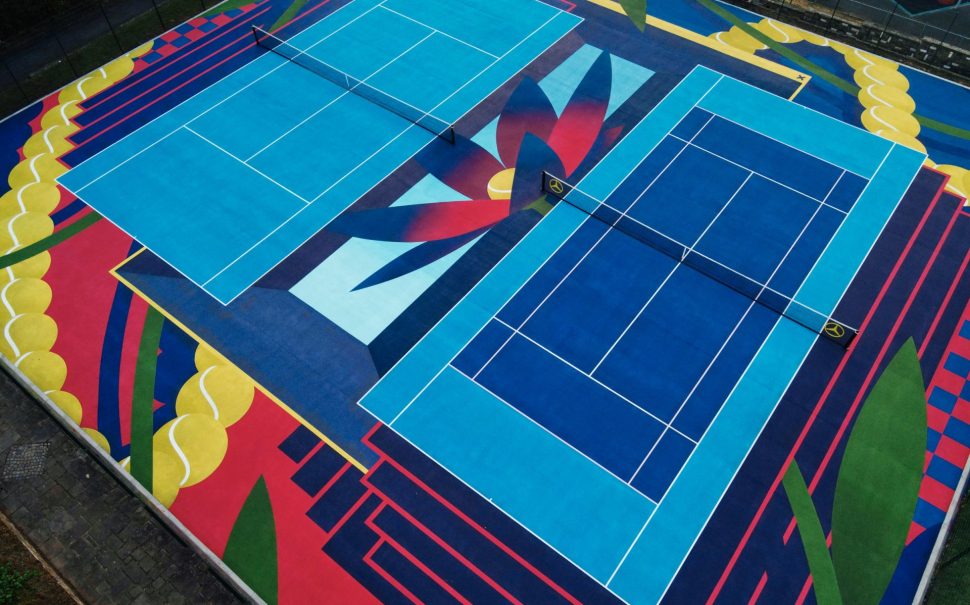 Brightly designed tennis courts in South East London.