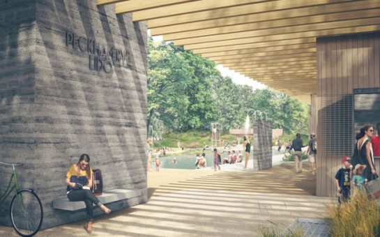 A picture of what the Peckham Lido would look like - a very modern structure with wooden panellingm modern showers and a 50-metre outdoor pool