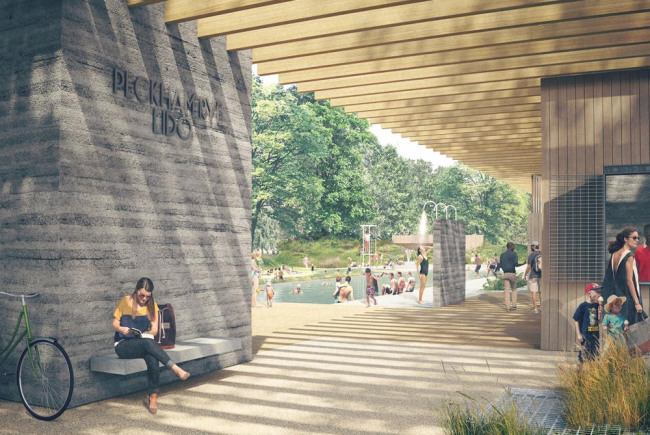 A picture of what the Peckham Lido would look like - a very modern structure with wooden panellingm modern showers and a 50-metre outdoor pool