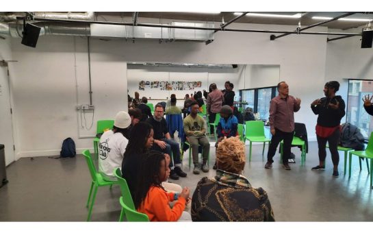 A picture from the special educational needs workshops happening now at Theatre Peckham - showing some of the participants sitting in a circle talking to each other