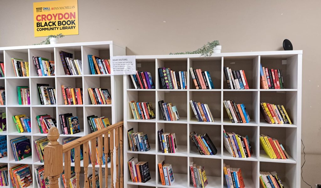 Image shows the various books located on a white bookcase.