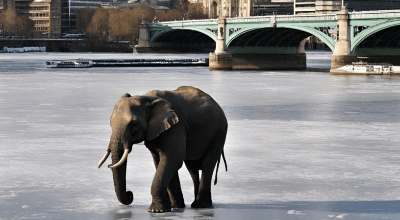 An elephant walking across the Thames next to Blackfriars Bridge.