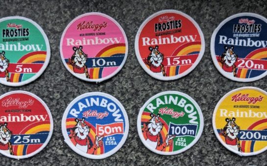 A 3 by 4 row of Kellogg's sponsored swimming badges with Tony the Tiger on them ranging in colour and lengths