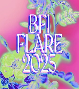 A vibrant promotional graphic for BFI Flare 2025, the LGBTQ+ film festival hosted by the British Film Institute. The text “BFI FLARE 2025” is displayed in a neon, glowing font over a stylized, colorful image of flowers and leaves with a pink and blue color scheme.