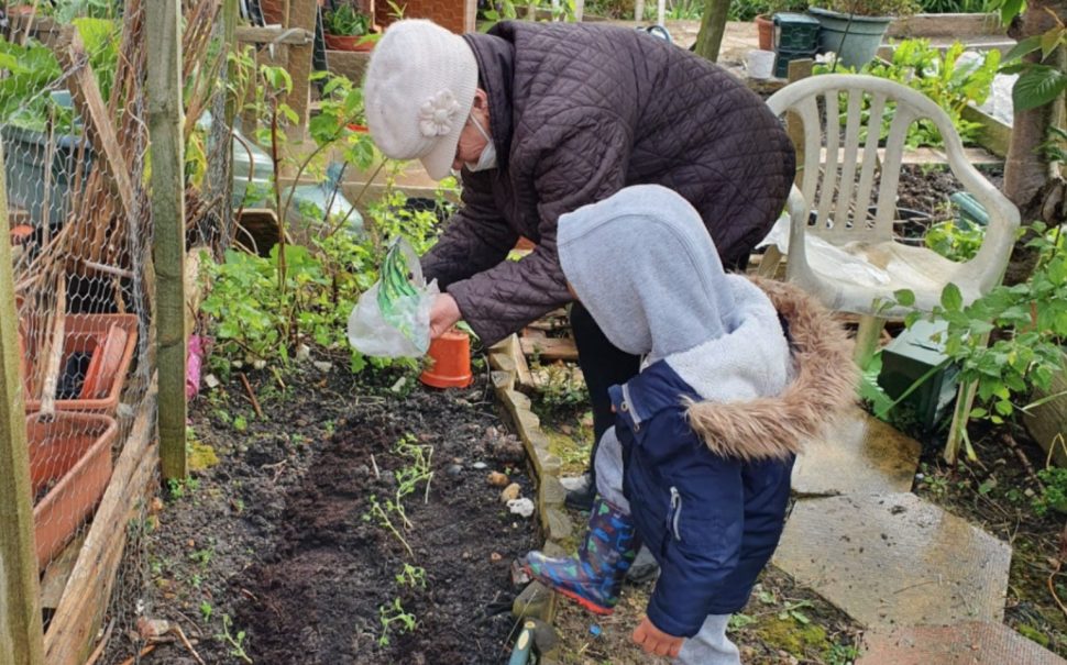 Rico and Flora gardening in her allotment