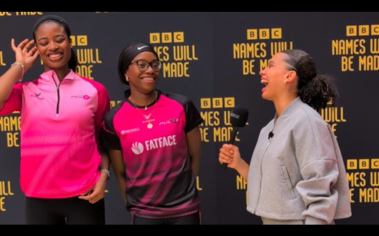 Presenter Jasmine Wissart interviewing London Pulse players Olivia Tchine and Funmi Fadoju