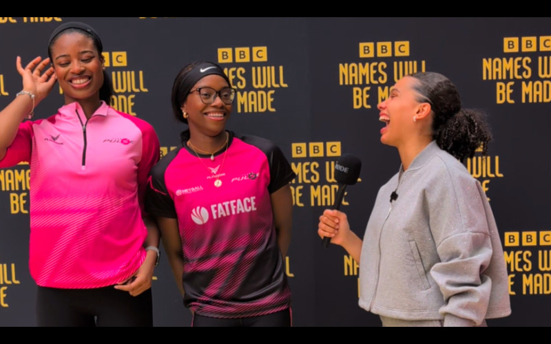 Presenter Jasmine Wissart interviewing London Pulse players Olivia Tchine and Funmi Fadoju