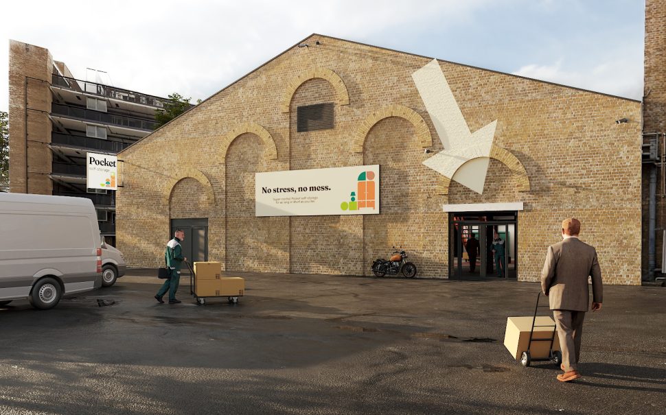 A photo of Bermondsey's biscuit factory with the signs for Pocket Storage.