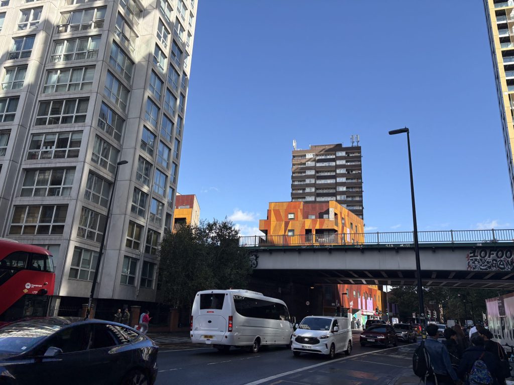 Tower blocks overlooking a road in Elephant and Castle.