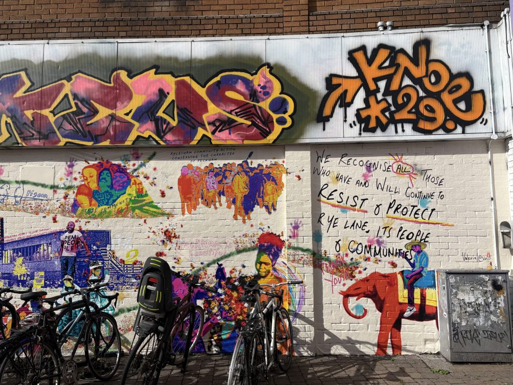 Street art outside the Peckhamplex recognising community members organising against developers.