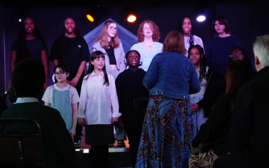 A group of children perform in front of a conductor