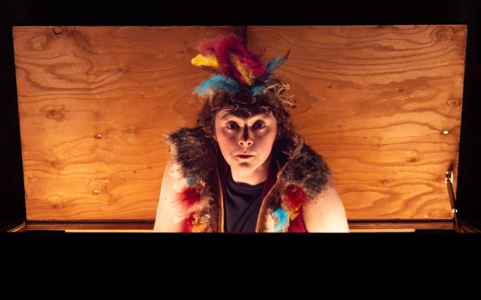 Picture of actor dressed as a fairy coming out of a wooden chest