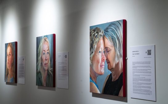 Paintings of people affected by breast cancer hanging in the Art Academy in Southwark