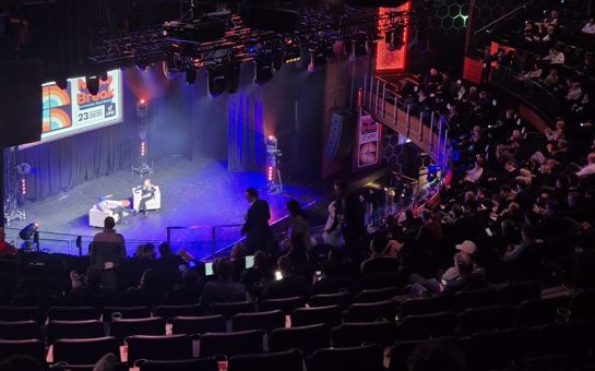 O2 arena balcony area, crowd watching discussion with Dominic Cummings