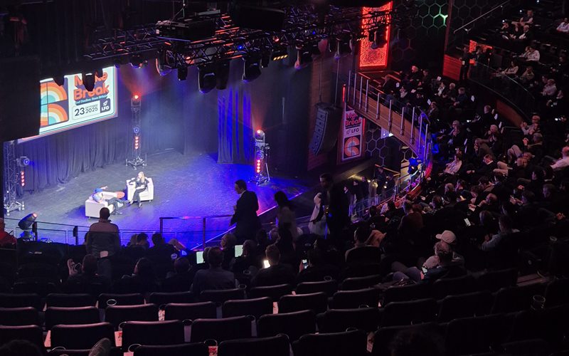 O2 arena balcony area, crowd watching discussion with Dominic Cummings