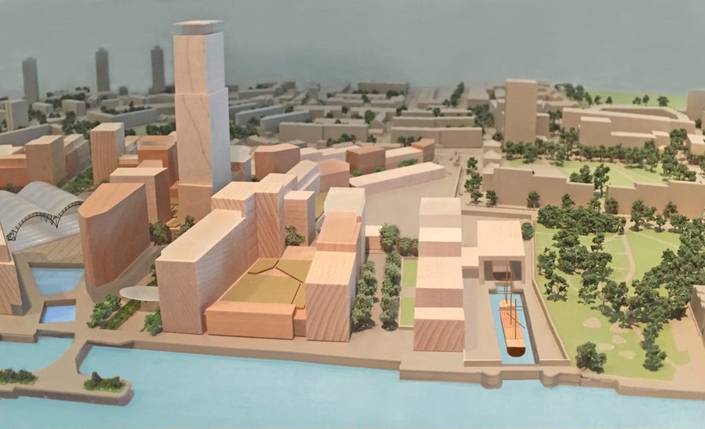 Lenox Project architectural adviser David Graham's projection of the HMS Lenox replica docked in the safeguarded north-westerly portion of Convoys Wharf.