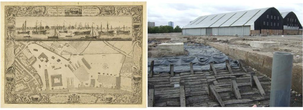 Archaeological surveys from the early 2000s revealed that much of Convoys Wharf's historic dockyard, depicted in this 1753 map by Thomas Wilson (left), survives as buried structures filled-in intact between 1869 and 1950 – such as the 'Great Dock' (right).