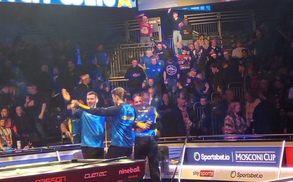 Team Europe celebrate a win on night two of the 2025 Mosconi Cup (Credit: James Bools)