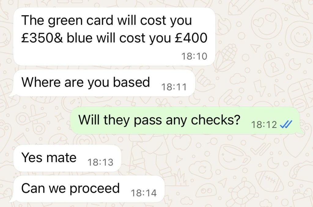 Screen shot from Scammer selling fake CSCS cards