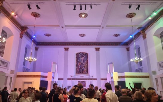 Inside St Johns Church Waterloo where ceilidh dancing is taking place