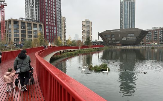 A photo of Canada Water’s new red bridge