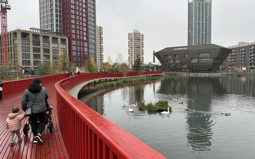A photo of Canada Water’s new red bridge