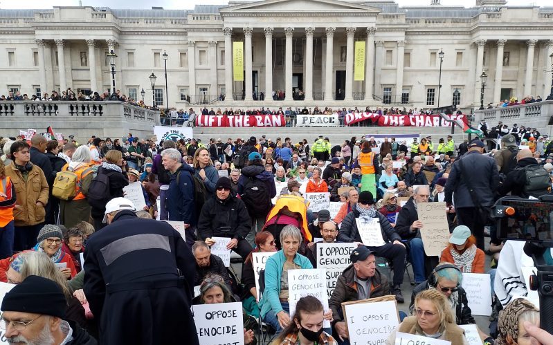 Peaceful protestors sitting in Trafalgar Square to demonstrate against the proscription of Palestine Action.