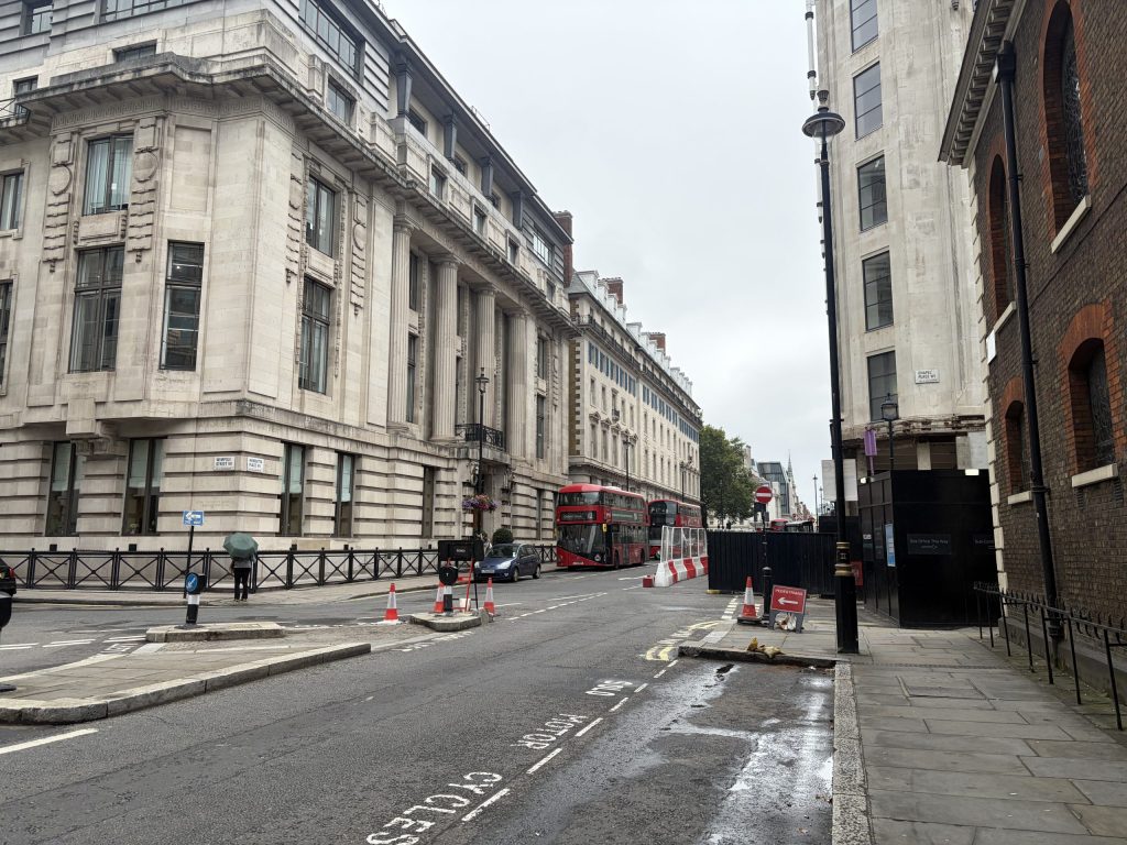 Buses travelling along Henrietta Place in Marylebone, near Oxford Street
