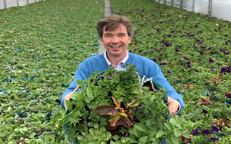 Miles Watson-Smyth holding a hanging basket inside a greenhouse filed with plants.